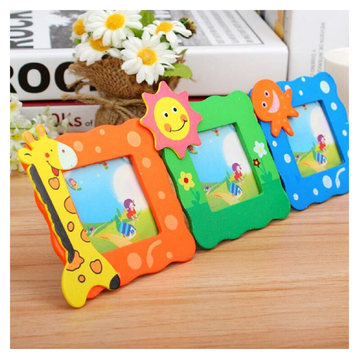 Front view of the vibrant baby photo frame with animal motifs for kids' room decor.
