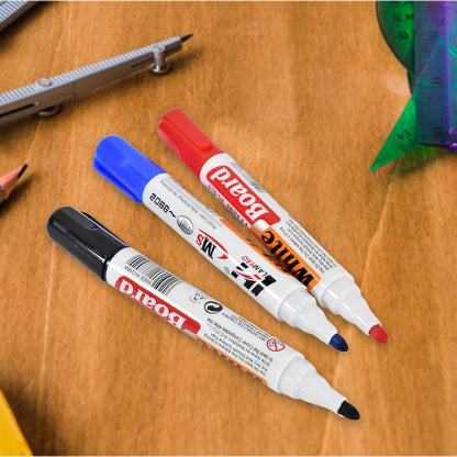 Blue, black and red whiteboard markers with a handy board duster