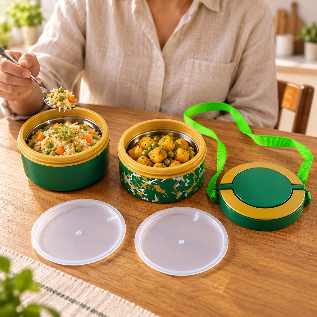 Kids lunch box set front view with sturdy flip-lock lid