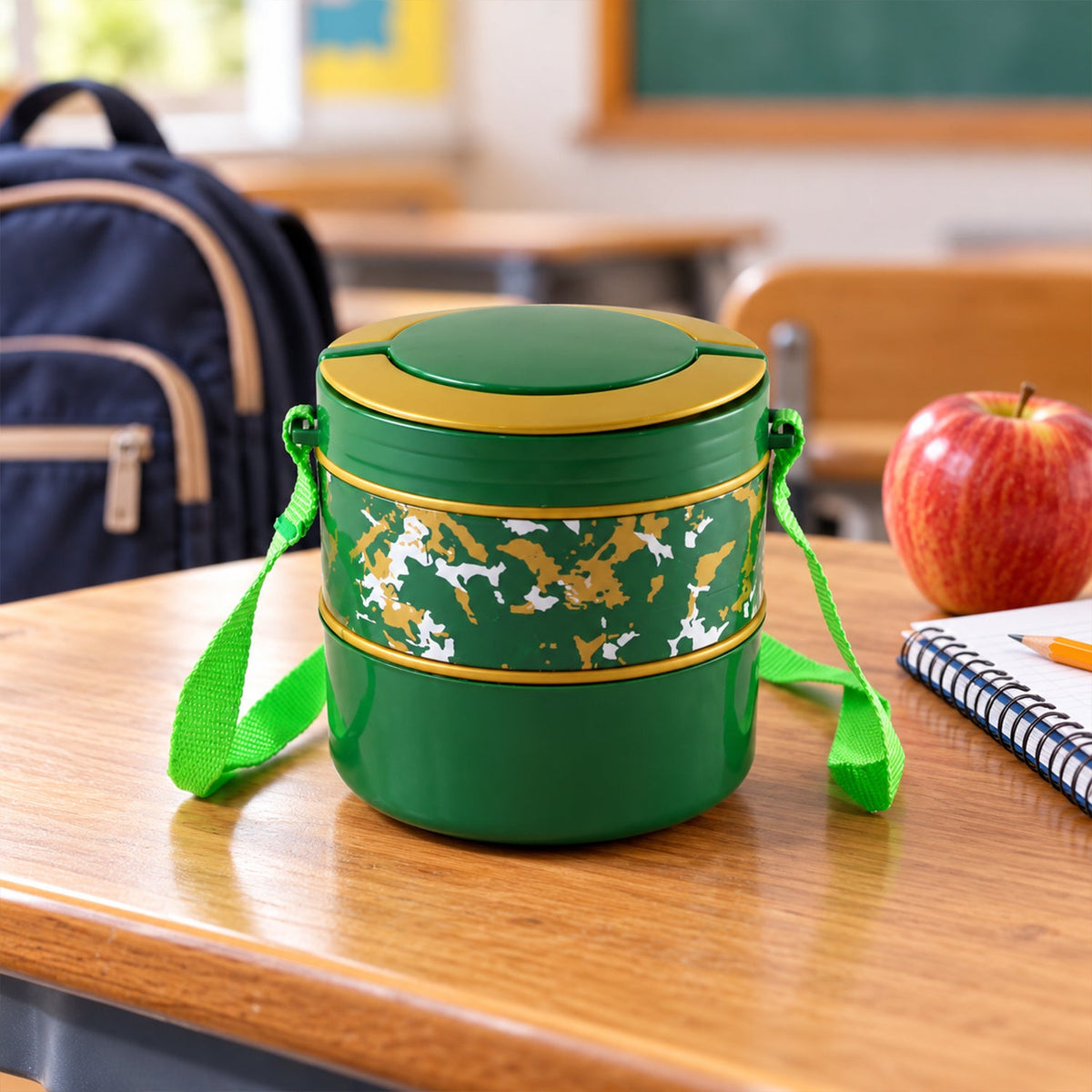 Open kids lunch box showing sections and accessories