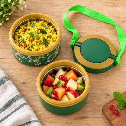 Colorful kids lunch box set with matching spoon and fork